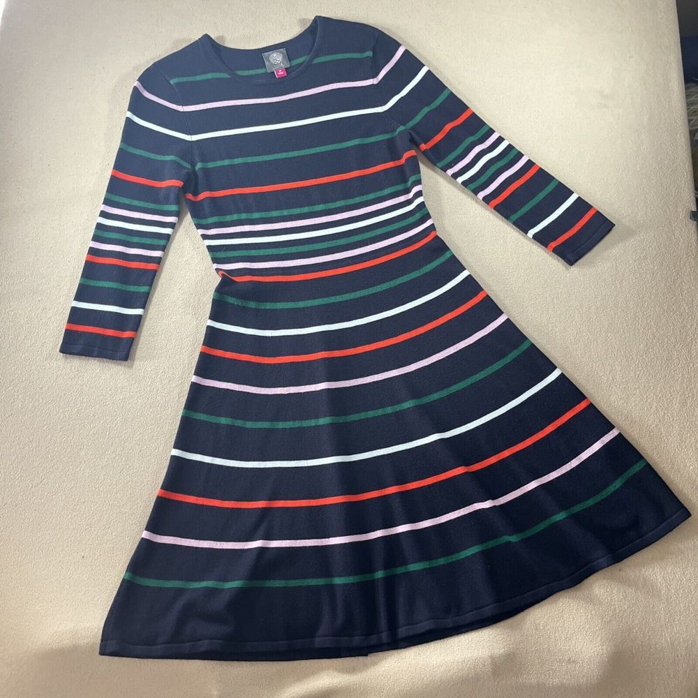 Vince Camuto Sweater Dress M Knee Length‎ A-line Stripe Rainbow Stretch LS